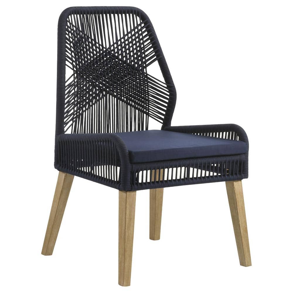 Navy Blue Woven Rope Upholstered Side Chair with Mahogany Legs