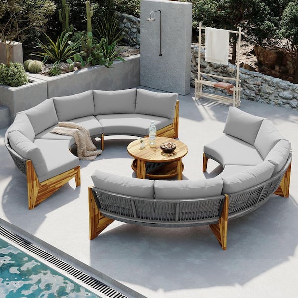 HomeAura 3-Piece Wood Patio Conversation Seating Set with Gray Cushions and Coffee Table