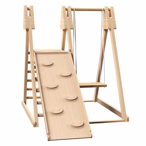 4-in-1 Foldable Playset Pine Indoor Jungle Gym Playset for Kids 2-6 with Interchangeable Swing, Slide and Rock Wall