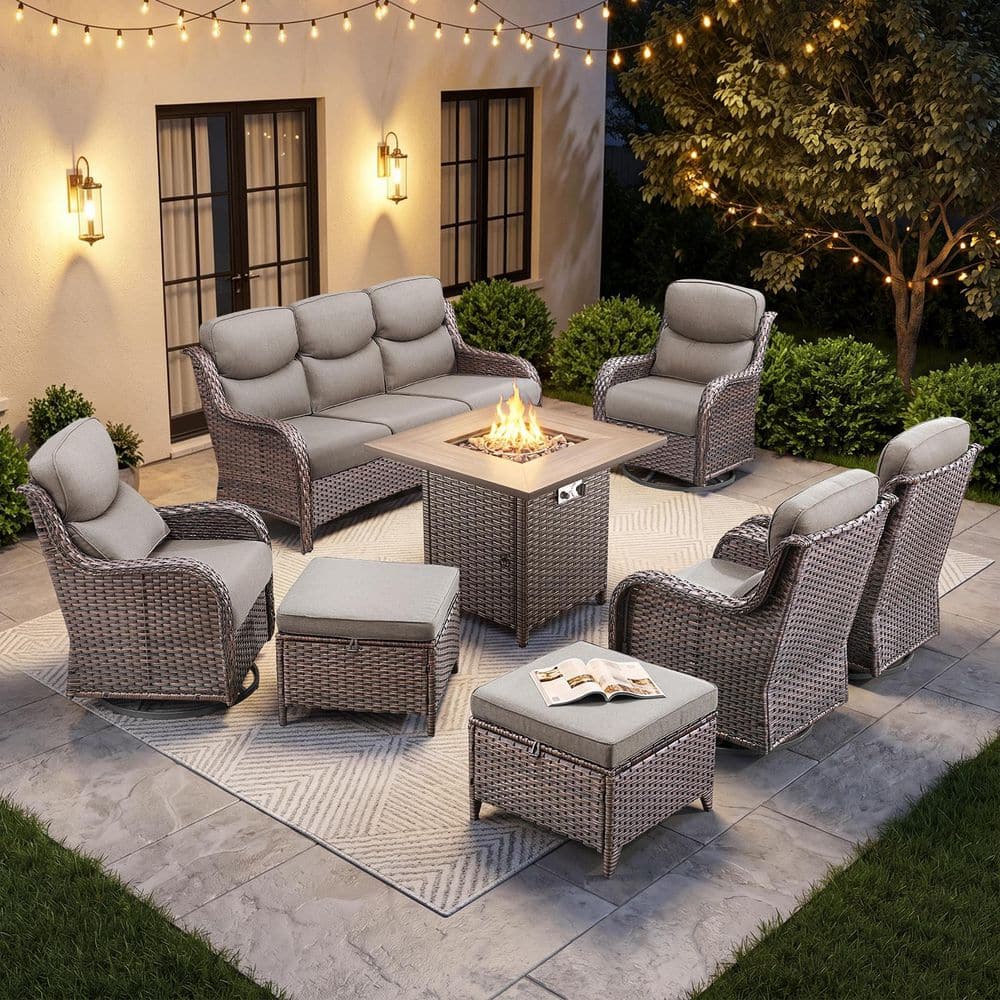 Sialion Brown 8-Piece Patio Conversation Furniture Set with Fire Pit, Outdoor Swivel Glider Patio Sofa with Gray Cushion price history on PriceWatchPro