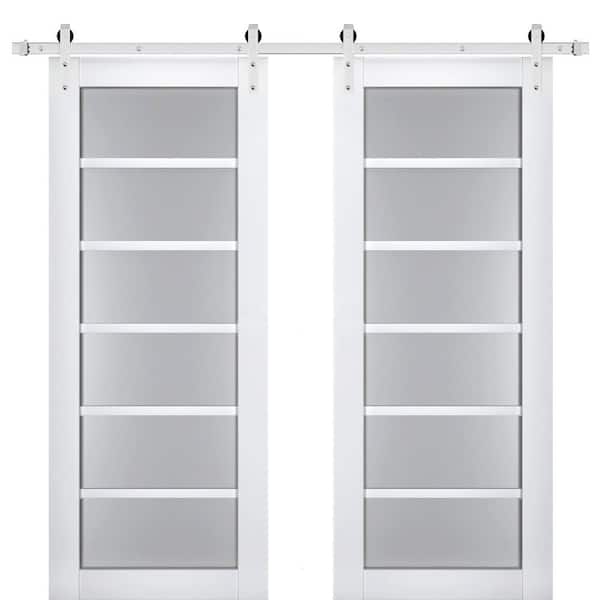 Sartodoors 42 in. x 80 in. 2 Panel Frosted Glass White Solid Wood Sliding Barn Door with Hardware Kit