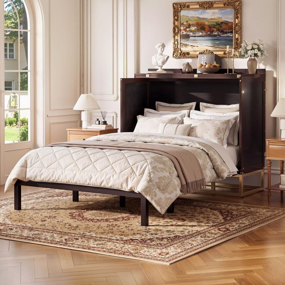 Vertical Striped Espresso Brown Wood Frame Queen Size Murphy Bed with Fake Drawers Pattern, Metal Legs price history on PriceWatchPro