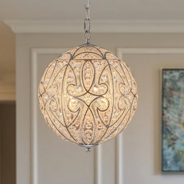 Cristal 11.8 in. W 4-Light Antique Silver Crystal Chandelier Modern Glam Rusty Globe Pendant Light for Kitchen Island