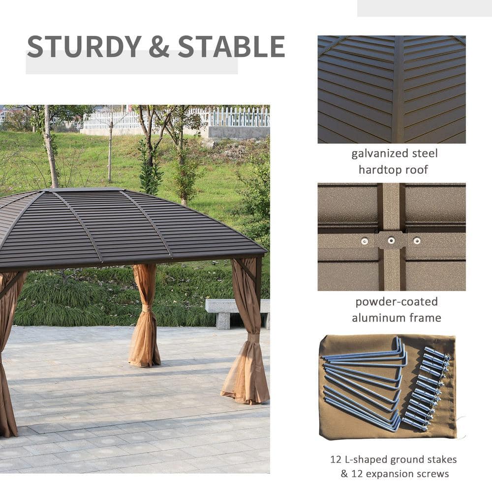 Brown Aluminum and Steel Hardtop Gazebo with Curtains and Netting