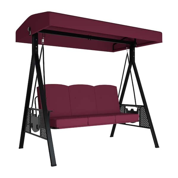 VEIKOUS 3-Person Metal Patio Swing Chair With Converting Canopy Porch Swing With Detachable Cushion and Side Trays, Wine