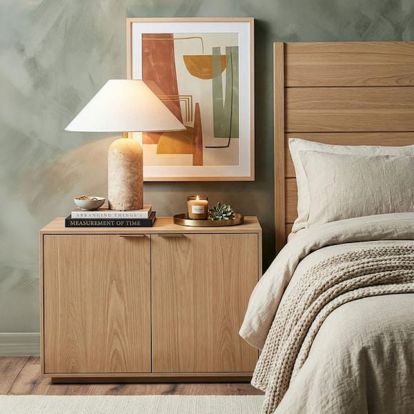 Sansa 13.19 in LED Glossy Cream Travertine Midcentury Gradient Dimming Bedside Desk Lamp with Ivory Cotton Empire Shade