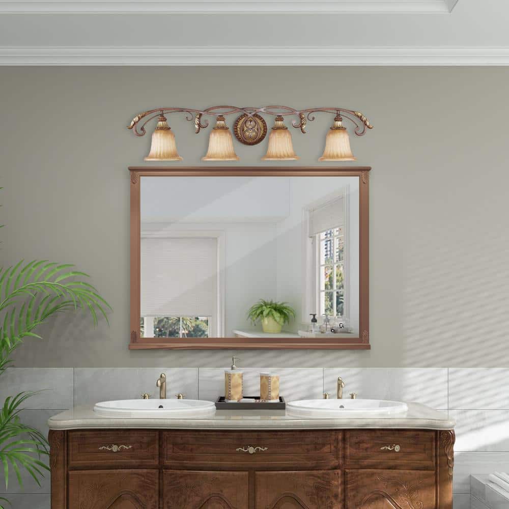 Verona Bronze & Aged Gold Leaf 4-Light Vanity with Rustic Art Glass