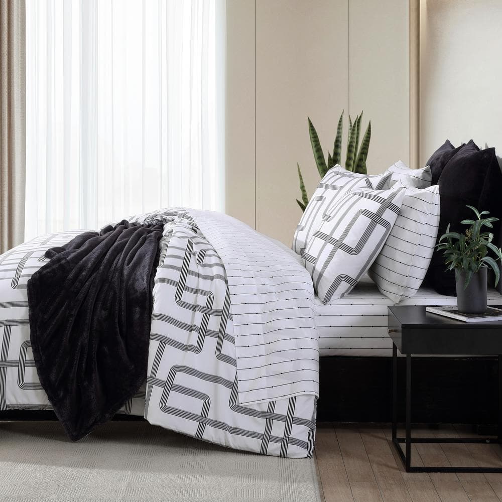Twin White Microfiber Comforter and Sham Set with Geometric Pattern