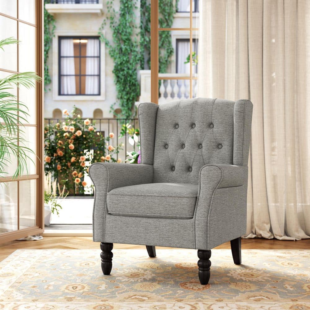 Uixe Modern Light Gray Linen Upholstered Button High Back Accent