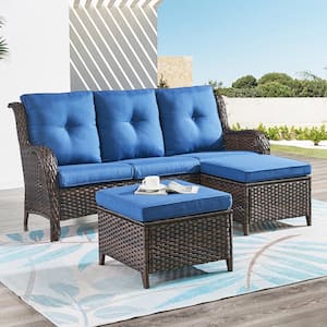 Brown 3-Piece Wicker Outdoor Patio Seating Conversation Set Sectional Sofa and Ottoman with Blue Cushions