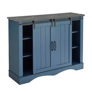 47 in. Navy Blue Wood Buffet Bar Cabinet with Barn Door with Marbling Pattern Countertop