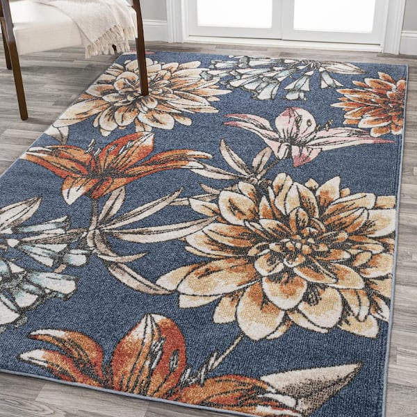 JONATHAN Y Giglio Blue/Orange/Cream 4 ft. x 6 ft. Modern Botanical Flower Area Rug