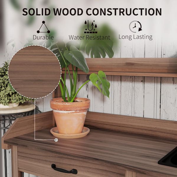Outsunny - 45.25 in. W x 48.5 in. H Dark Brown Potting Bench Table, Outdoor Garden Table Wooden Work Station with Removable Sink