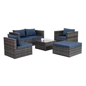 6 Piece Patio Furniture Outdoor Furniture Seasonal PE Wicker Furniture with Blue Cushions