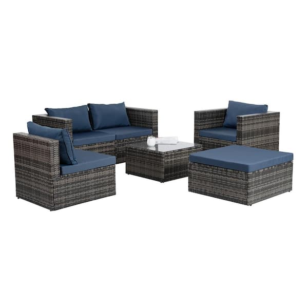 Sudzendf 6 Piece Patio Furniture Outdoor Furniture Seasonal PE Wicker Furniture with Blue Cushions
