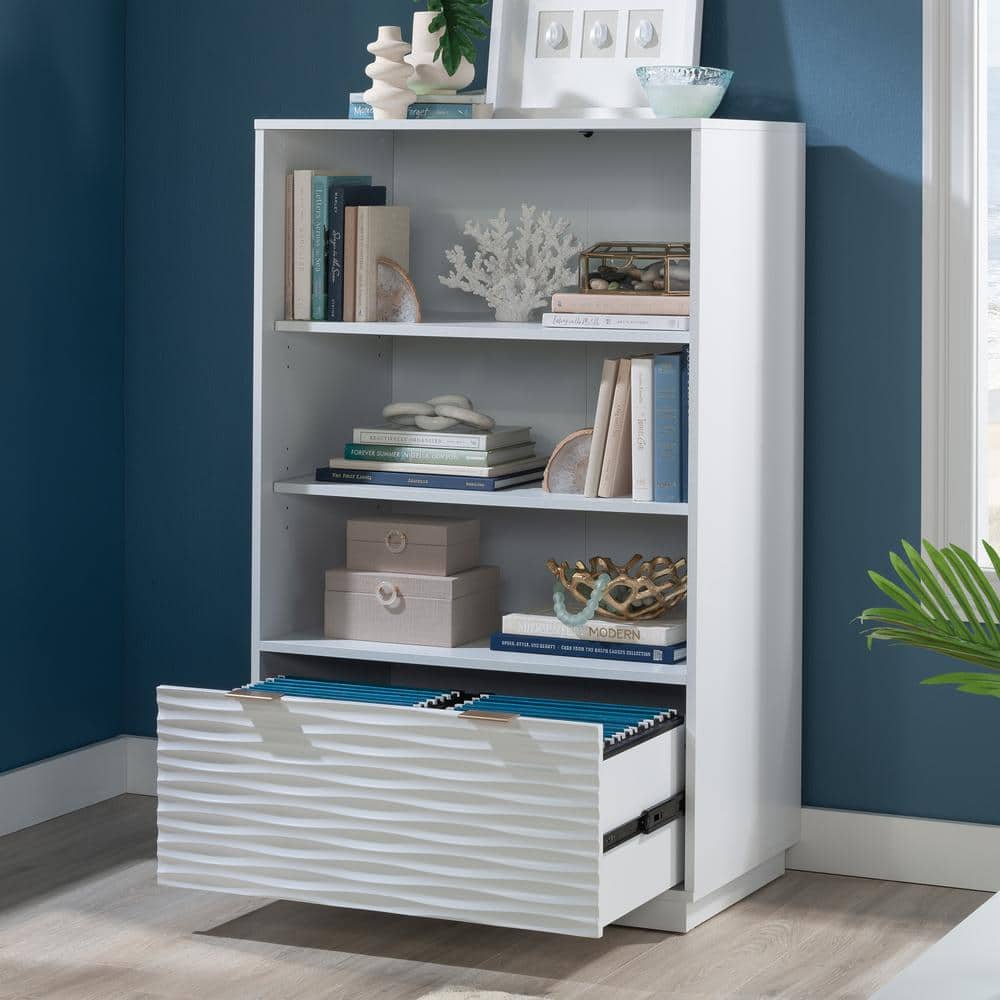 White Adjustable Wood Bookcase with Drawer and Shelves