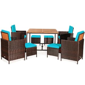 9 Piece Wicker Outdoor Dining Set Patio Conversation Furniture with Removable Turquoise Cushions
