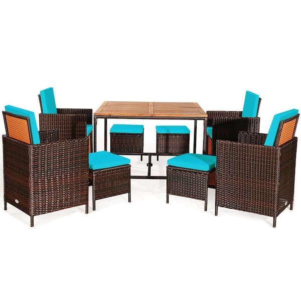 HONEY JOY 9 Piece Wicker Outdoor Dining Set Patio Conversation Furniture with Removable Turquoise Cushions