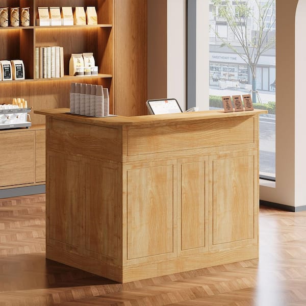 Lanita 51.2 in. L-Shaped Light Brown Wood Reception Desk with Storage Shelves, Modern Front Desk Reception Counter Table
