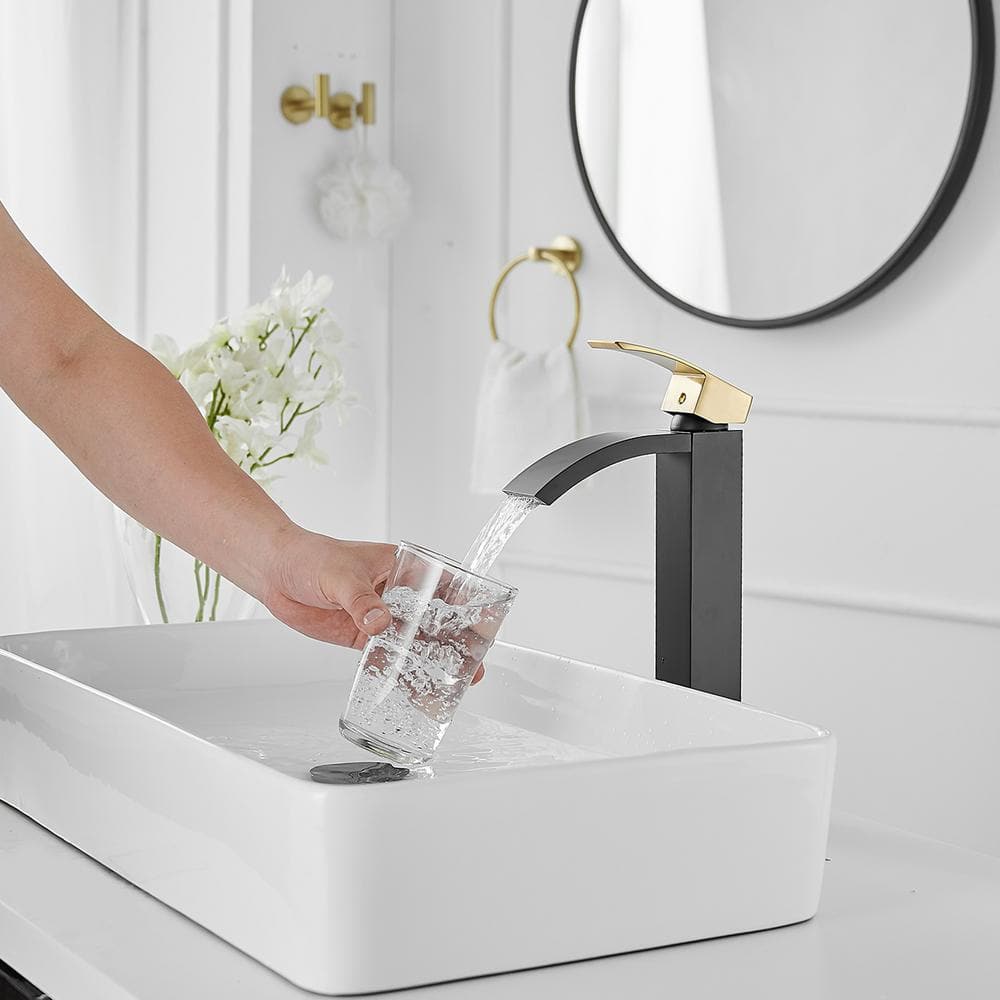 Gold and Black Waterfall Single Handle Vessel Sink Faucet