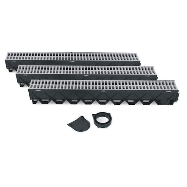 RELN Storm Drain Deep 5 in. W x 5.25 in. D x 39.4 in. L Channel Drain Kit, Gray Grate (3-Pack : 9.8 ft)