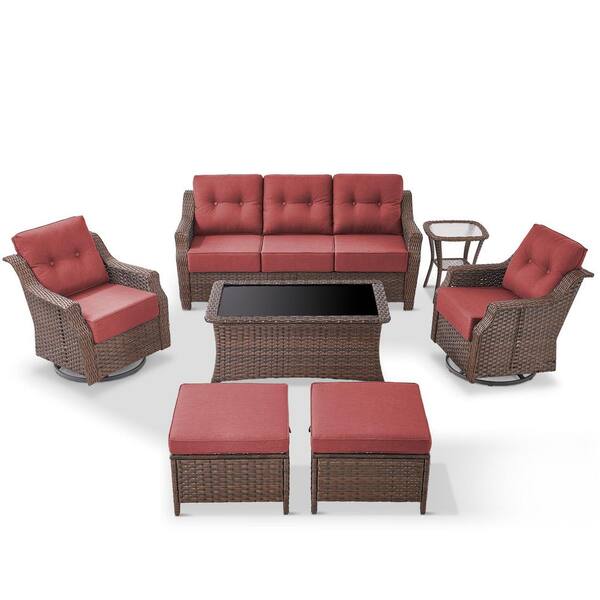 Circle Brown 7-Piece Wicker Patio Conversation Seating Set with Red Cushions, Outdoor Sofa set with Coffee Table