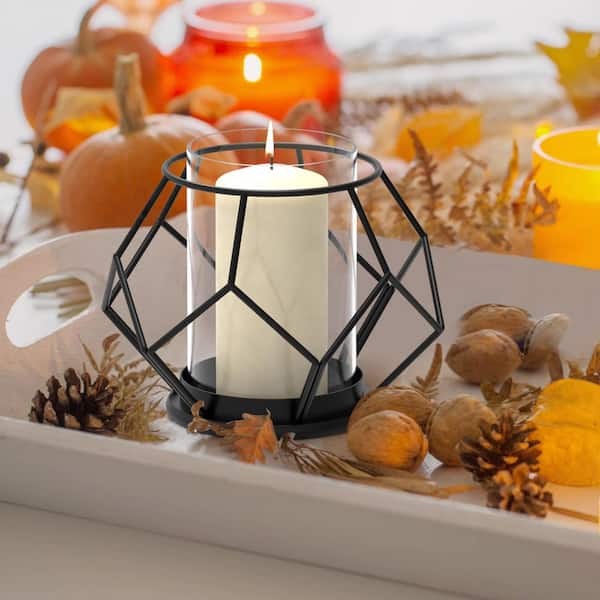 HAWOO Black Metal and Glass Hurricane Candle Holder
