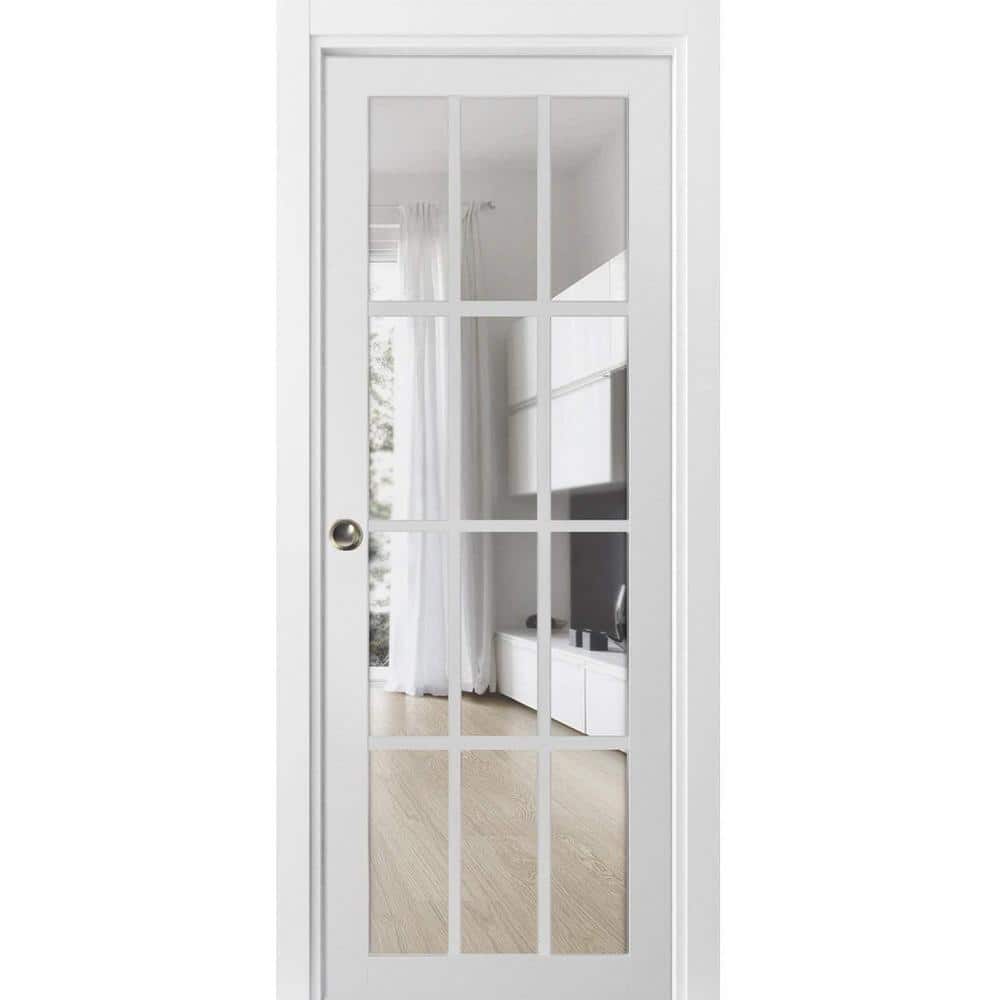 White Solid Wood French Pocket Door with Clear Glass