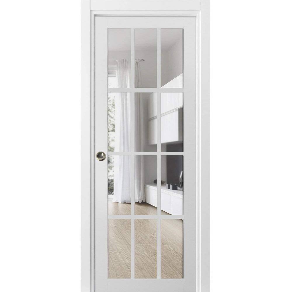 White Solid Wood French Pocket Door with Clear Glass Panels