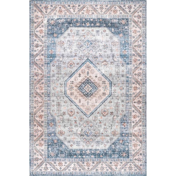 nuLOOM Elowyn Machine Washable Medallion Blue 5 ft. x 8 ft. Area Rug