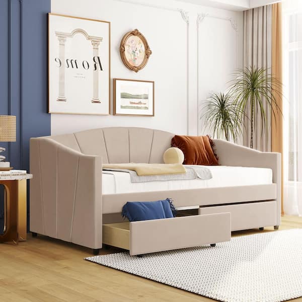 Harper & Bright Designs Elegant Beige Twin Size Upholstered Wood Daybed with 2 Drawers