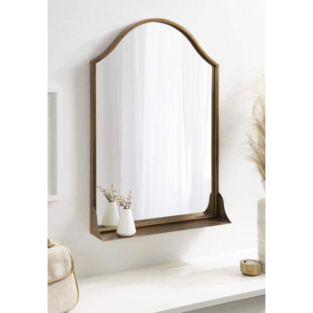 Gramera 20x30 Traditional Scalloped Gold Arch Wall Mirror with Shelf