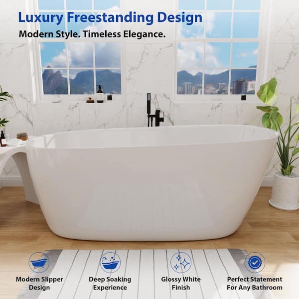 Classic 59 in. Acrylic Single Slipper Freestanding Flatbottom Not Whirlpool Bathtub Soaking Spa Tub in Glossy White