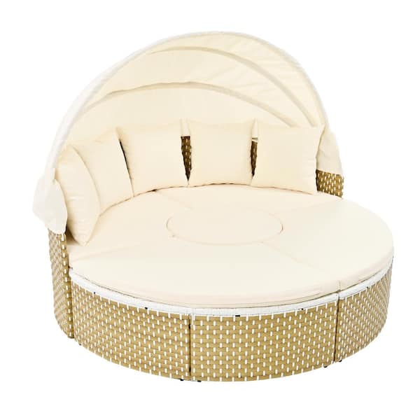 Runesay Wicker Outdoor Day Bed Rattan Sectional Round Sofa Clearance with Beige Cushions Retractable Canopy