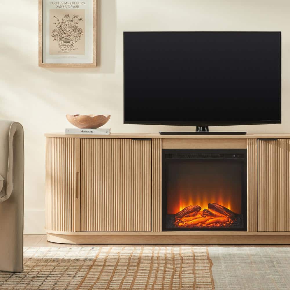 Modern Coastal Oak 70" Fireplace TV Stand with Reeded Cabinet