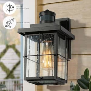 Mill Modern Motion Sensor Outdoor Wall Light Dusk to Dawn 1-Light Black Seeded Glass Exterior Sconce Porch Garage Garden