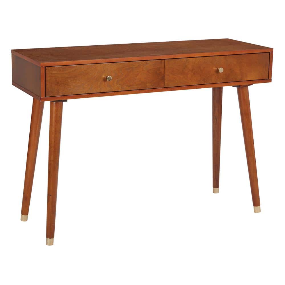 Mid-Century Walnut & Metal Console Table with Dual Storage Drawers