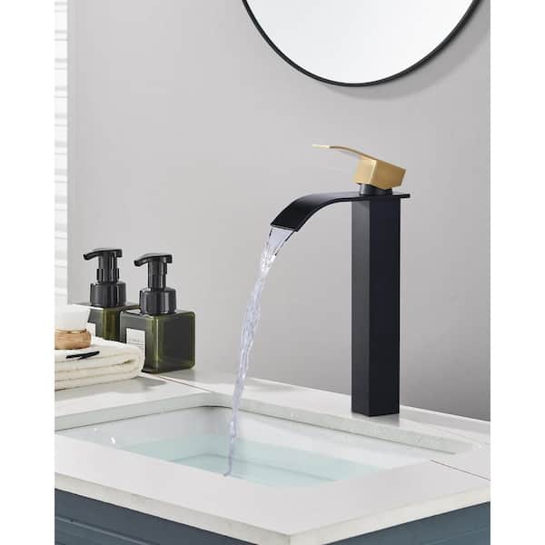 Waterfall Single Hole Single Handle Tall Bathroom Sink Faucet with Supply Hose and Pop-up Drain in Black and Gold