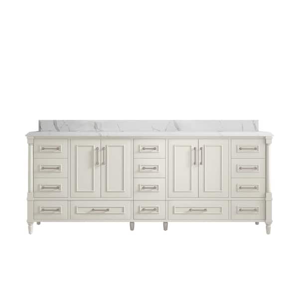 Willow Collections Hudson 84 in. Double Sink Freestanding Alabaster Bath Vanity with Calacatta Laza Top Unassembled