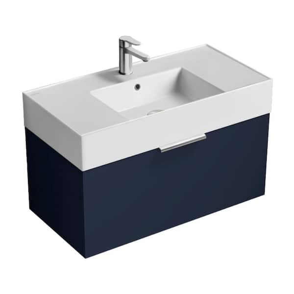 Nameeks Derin 31.9 in. W x 17.4 in. D x 20.47 in. H Modern Bathroom Vanity in Night Blue With White Ceramic Top