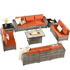 Crater Grey 13-Piece Wicker Wide-Plus Arm Outdoor Fire Pit Patio Conversation Sofa Set with Orange Red Cushions