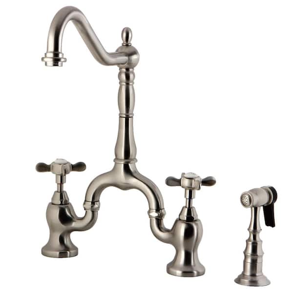 Kingston Brass Essex Double Handle Deck Mount Bridge Kitchen Faucet with Brass Sprayer in Brushed Nickel