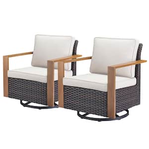 Rectangular Framed Armrest Swivel Brown Wicker Outdoor Rocking Chair with CushionGuard Beige Cushions Patio (Set 2-Pack)
