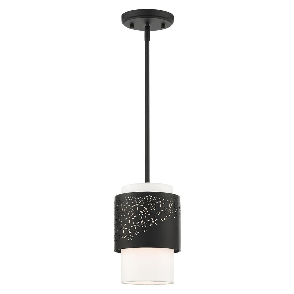 Noria Black Steel Drum Pendant with Off-White Fabric Shade
