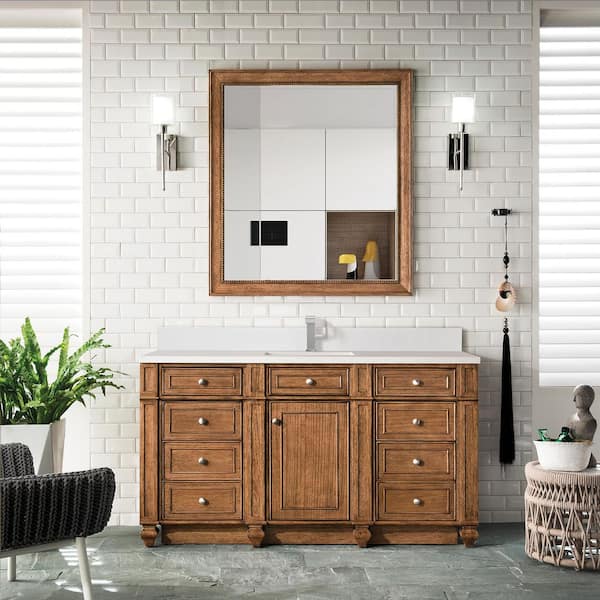 James Martin Vanities Bristol 60.0 in. W x 23.5 in. D x 34.0 in. H Single Bathroom Vanity in Saddle Brown with White Zeus Quartz Top