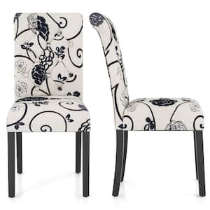 Elegant Floral White and Black Linen Fabric Upholstered Curved Back Parsons Chair (Set of 2)