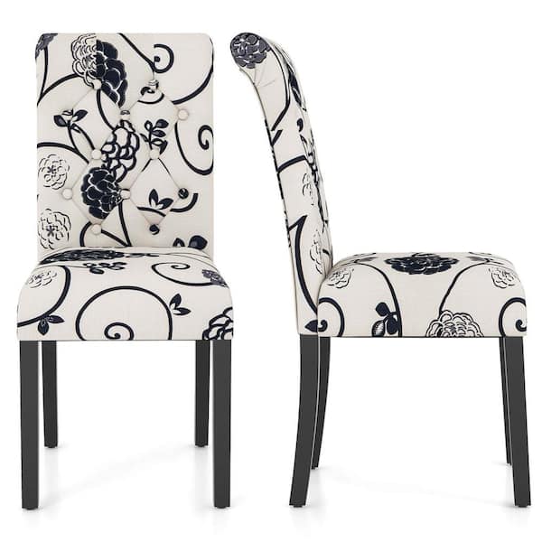 Elegant Floral White and Black Linen Fabric Upholstered Curved Back Parsons Chair (Set of 2)