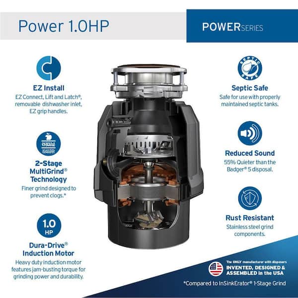 Power 1HP, 1 HP Continuous Feed Garbage Disposal with EZ Connect Power Cord and Dual Outlet Switch in Satin Nickel