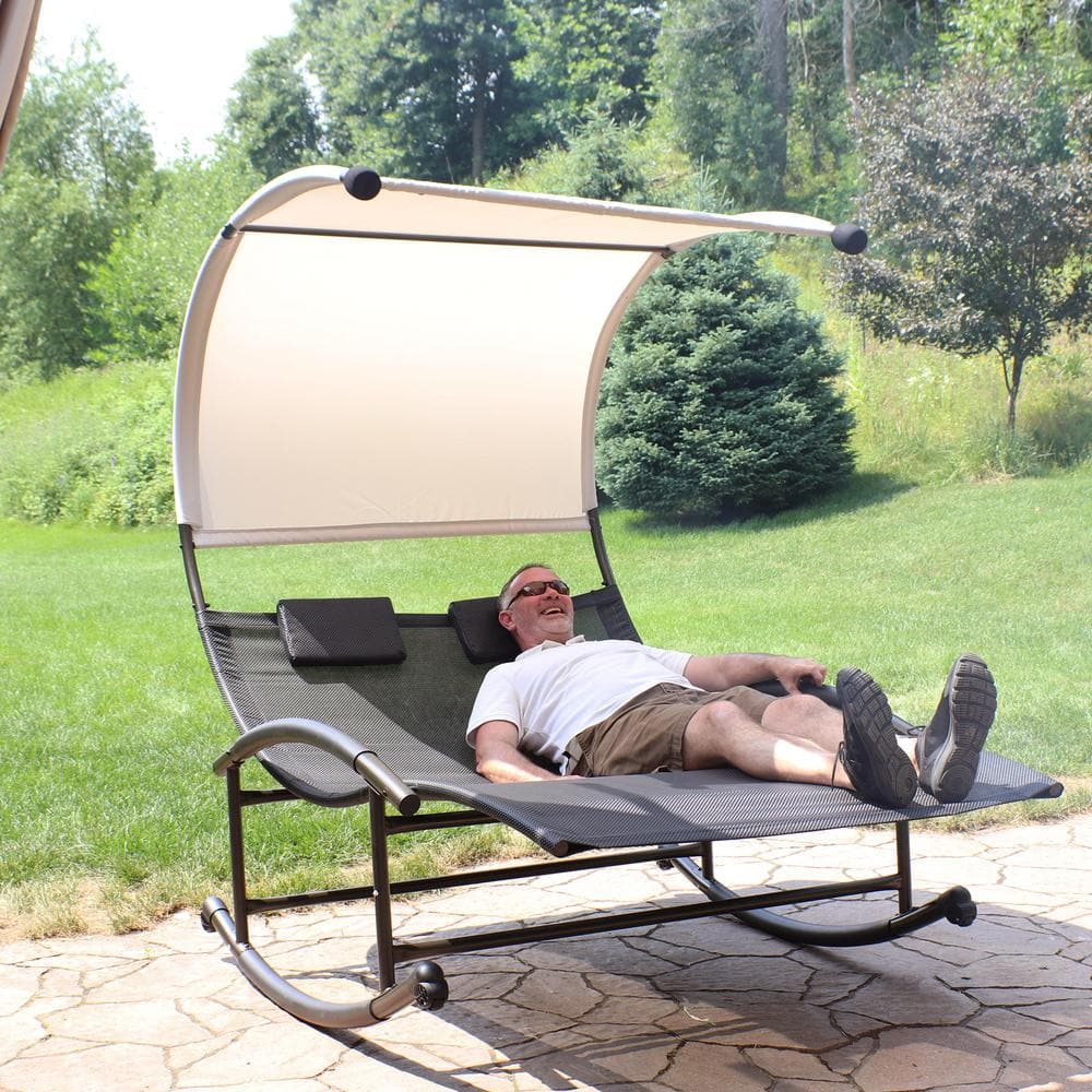 Black Double Chaise Rocking Lounge with Canopy and Cushions