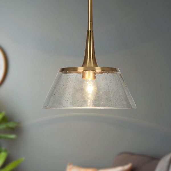 Quoridan Brass Modern Drum Kitchen Pendant with Seedy Glass Contemporary 1-Light Living Dining Room Island Chandelier